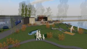 Aktivitetsparken ska byggas upp under våren. En skiss över en aktivitetspark vid vattnet där en padelbana syns i ena hörnet och en golfbana i den andra. I bakgrunden skymtar en byggnad med uteservering.