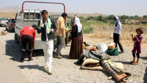 Yazidier på flykt undan IS styrkor vid gränsen mellan Irak och Syrien i augusti 2014. Yazidiska flyktingar vid gränsen mellan Irak och Syrien.