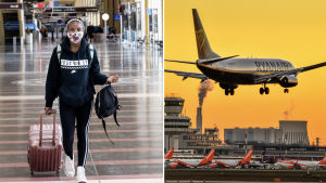 Collage av två bilder. Till vänster en person som går på en flygplats med väskor i händerna. Hon bär ansiktsskydd. Till höger en bild av ett flygplan som lyfter i solnedgång.