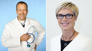 Otto Lindberg och Veronica Rehn-Kivi. Collage av två bilder. Till vänster en bild av Otto Lindberg som är klädd i en vit läkarrock. Han håller i ett stetoskop och ler medan han tittar in i kameran. Till höger en bild av Veronica Rehn-Kivi som tittar in i kameran och ler.
