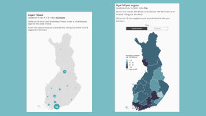 På våren när antalet fall ännu var lågt, visade vi det totala antalet fall per sjukvårdsdistrikt. När den första vågen mattades av blev det mera relevant att fokusera på nya fall. Två skärmdumpar av en Finlandskarta. Den ena visar cirklar med siffror inuti, den andra visar graderade fält.