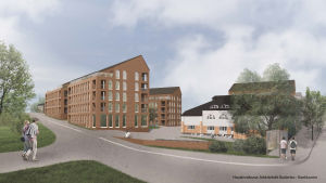 Skiss över hur Borgå Energi-kvarteret kan komma att se ut ifall detaljplaneändringen godkänns. Arkivbild. Illustration av kvarteret där Borgå Energi-huset finns. Bredvid det skulle byggas stora höghus med upp till fem våningar.