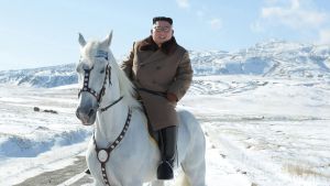 Den nordkoeranske ledaren visade upp sig till häst Kim Jong-un sitter på en vit häst med snöbeklädda berg i bakgrunden.