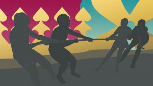 En animerad bild med Silhuetter av 4 personer som har dragkamp framför två flaggor av dels Kimitos kommunvapen och dels Dragsfjärds kommunvapen.