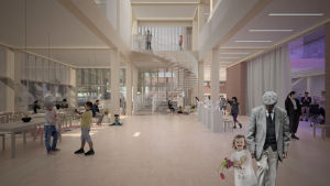 Så här ska campus se ut inifrån. JKMM Architects är tidigare känd för sitt arbete med konstmuseet Amos Rex i Helsingfors. Modellbild inifrån på nytt campus vid Björneborg svenska samskola.