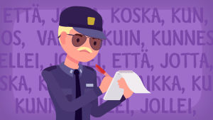 Kaksi poliisipiirroshahmoa, jotka ovat kirjoittamassa sakkoa kielioppivirheestä.