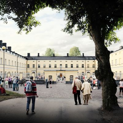 Havainnekuva Lapinlahden sairaala-alueen päärakennuksesta.
