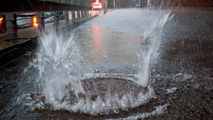 Gatubrunnarna i Helsingfors fylldes snabbt av regnmängden. Vatten sprutar ut på gatan ur en gatubrunn i Gräsviken, Helsingfors, till följd av kraftigt regn. Gatan är översvämmad.