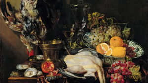 Stilleben som väckte aptiten var exempel på konst som inte får en att glömma viljan, menade Schopenhauer. Abraham Hendricksz. van Beyeren: Prunkstilleben med frukt och fjäderfä (1651)
