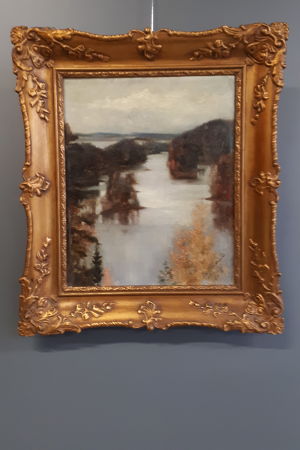 Det här är målningen som nu är till salu. Motivet är det samma som i Edelfelts kända tavla från Kaukola som finns på Ateneum. Detalj av målning av Edelfelt.