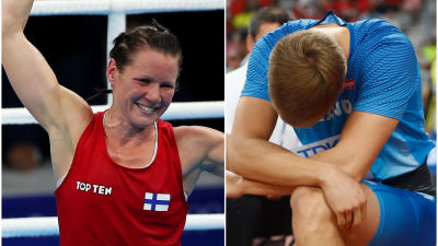 Mira Potkonen firar en seger och Oliver Helander ser knäckt ut.