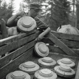 Välirauhan tultua purettujen miinakenttien miinoja lastataan autoon. Vuosalmi 15.9.1944