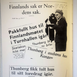 Norska tidningsrubriker sammanställda i boken Isen var mitt liv. Foto på norska rubriker från Clas Thunbergs bok Isen var mitt liv.