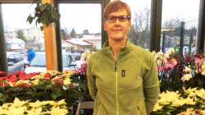 Barbro Lindroos i Blomsterhuset omgiven av julstjärnor Barbro Lindroos i Blomsterhuset omgiven av julstjärnor