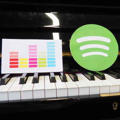 Deezerin, Spotifyn ja Groove Musicin logot pianon koskettimilla.