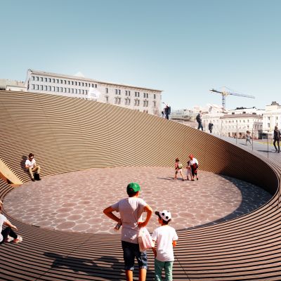 Väliaikainen paviljonki rakennetaan Helsingin Eteläsatamaan. Havainnekuva.