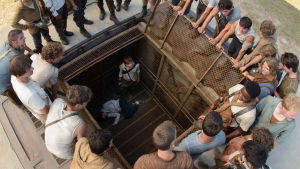 En tjej dyker upp i buren. Men varför är hon den första? Killarna i filmen The Maze Runner hittar en flicka i en bur.