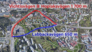 Labbackavägen är betydligt kortare än rutten via Haga rondell. En kartbild som visar var Labbackavägen och Vichtis- och Hoplaksvägen går.