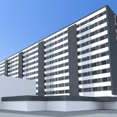 Havainnekuva palossa vaurioituneesta Porin Keskuskartanosta remontin jälkeen.