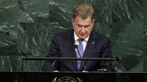 President Sauli Niinistö på FN:s generalförsamling 2017. Sauli Niinistö talar inför FN:s generalförsamling