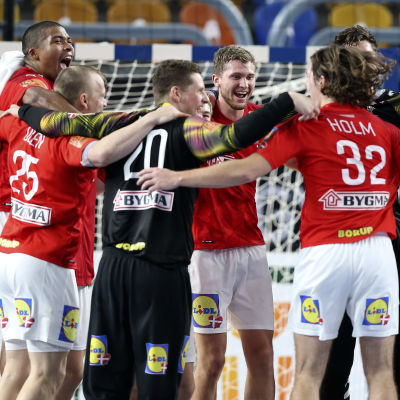 Danmarks spelare firar efter slutsignalen.