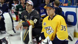 Marc-Andre Fleury och Pekka Rinne myser under All Stars-talangtävlingen. Marc-Andre Fleury och Pekka Rinne.