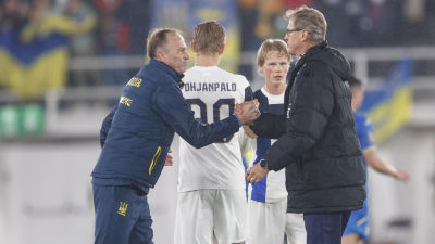Finland och Ukrainas tränare skakar hand efter matchen.