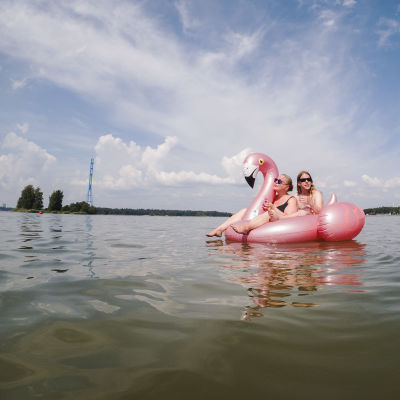 Två människor på en en uppblåsbar flamingo-badring.