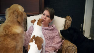 Minna Marttinen har tre smärthundar till sitt förfogande. En kvinna sitter med två hundar i famnen. En tredje hund sitter bredvid kvinnan.