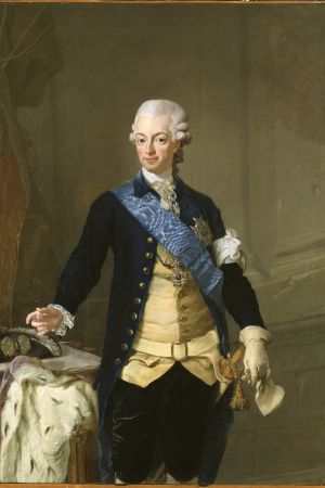 Gustav III i kuppmakaruniformen, såsom han såg ut på Revolutionsdagen den 19 augusti 1772. Till vänster Gustav III i kuppmakaruniformen, såsom han såg ut på Revolutionsdagen den 19 augusti 1772 - avmålad 1777 av Lorens Pasch den yngre.