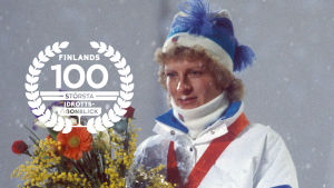 Marja-Liisa Kirvesniemi, 1984, med logon för Finlands 100 största idrottsögonblick.