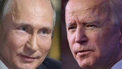 Ansiktsbilder på Rysslands president Vladimir Putin och USA:s president Joe Biden.
