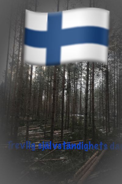 En skogsvy med editerad Finlands flagga och blå text "Trevlig självständighets dag"