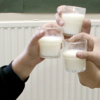 Lapset kilistelevät maitolaseilla.