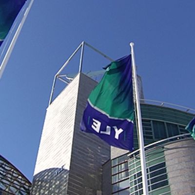 YLE-liput liehuvat saloissa YLEn Iso paja -rakennuksen edessä.