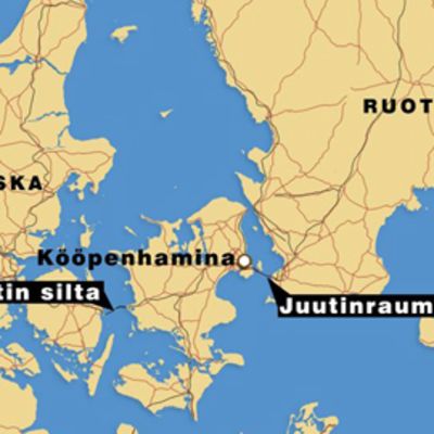 Kartta Tanskan ja Etekä-Ruotsin alueesta.