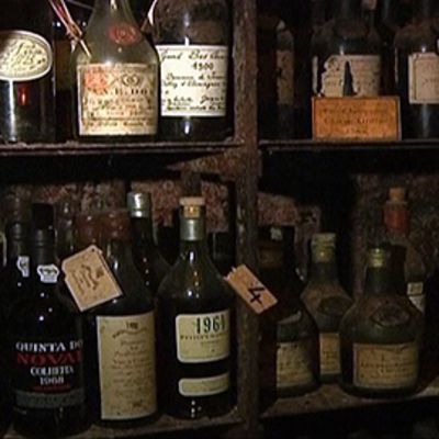 Polyyntyneitä viinipulloja hämärässä kellarissa. La Tour d'Argentin viinivarasto, josta huutokauppattiin tuhansia pulloja harvinaisia viinejä ja muita alkoholijuomia.