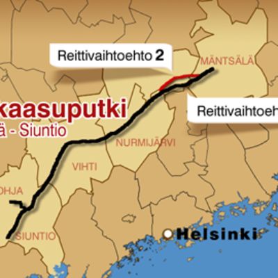Kartta Siuntion ja Mäntsälän välille suunnitellun maakaasuputken reitistä