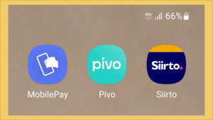 Valikoima mobiilimaksusovelluksia. Neljän sovelluksen kuvakkeet kännykän näytöllä: Siirto, Pivo, MobilePay, OP-mobiili