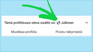 Maapallon kuva kertoo, että tiedot ovat kaikille julkisia. Kuvakaappaus Facebookista: Profiilin näkyminen julkisena.