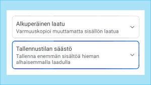 Googlen "korkea laatu" riittää peruskäyttäjälle hyvin. Kuvakaappaus Google Kuvat -palvelun asetuksista: Valittuna Korkealaatuiset kuvat ja videot.