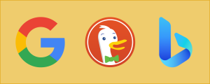 Kolmen hakukoneen logot: Bing, DuckDuckGo ja Google.