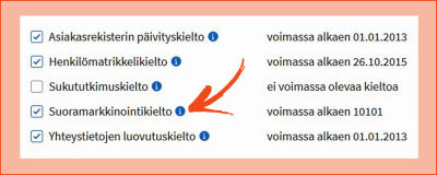 Kuvakaappaus DVV:n sivuilta. Kohdassa tietojenluovutuskielto on valittuna useita kohtia suoramarkkinointikiellon lisäksi.
