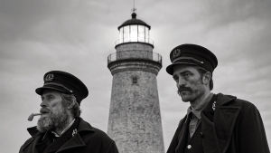 Konflikter är under uppsegling då Thomas Wake (Willem Dafoe) och Ephraim Winslow (Robert Pattison) då ska leva på samma ö. En svartvit bild på Thomas Wake (Willem Dafoe) och Ephraim Winslow (Robert Pattison) står nedanför en fyr och tittar ut mot havet.