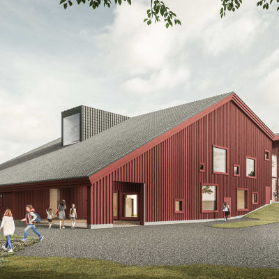 En röd byggnad i trä som visar hur Kyrkfjärdens skola i Ingå planeras att se ut.