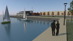 Efter många långa möten är ritningarna nu godkända för restaurangen som går under projektnamnet Fyren. En skiss över ett hamnområde där en restaurang och några segelbåtar syns.