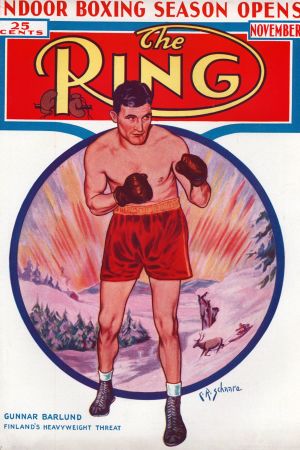 "Gunnar Barlund – Finlands tungviktshot". Gunnar Bärlund på The Rings pärm i november 1938.