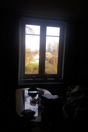 Vy från mitt rum hos Elżbieta. Rummet är stort och grönt och jag serveras vegetariska delikatesser från morgon till kväll Vy från Malins rum hos Elżbieta och Przemysław Malzahns hem i Białowieża