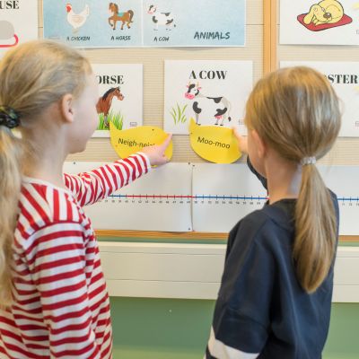 Lapset osoittavat kuvaa seinällä.