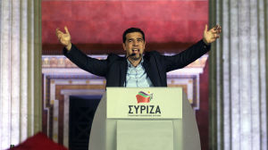 Partiledaren Alexis Tsipras inför Syrizas anhängare under valkvällen 25.1.2015